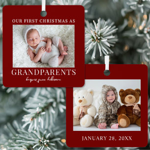 Eerste kerstfeest als grootouders rode babyfoto metalen ornament