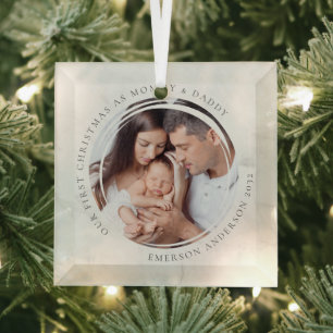 Eerste kerstfeest als mama en papa Marmeren fotoka Glas Ornament