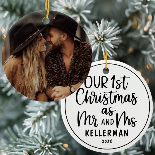 Eerste kerstfeest als meneer en mevrouw aangepaste keramisch ornament
