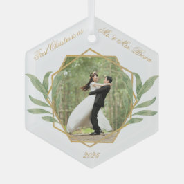 Eerste kerstfeest als meneer en mevrouw Foto Goudg Glas Ornament