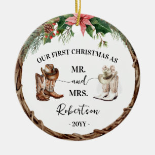 Eerste kerstfeest als meneer & mevrouw Western Cow Keramisch Ornament