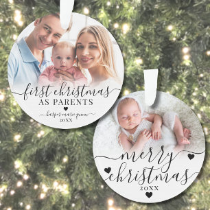 Eerste kerstfeest als ouders baby 2 foto ornament