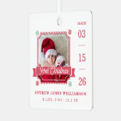 Eerste kerstfeest Baby Birth Stats Foto Candy Cane Metalen Ornament (Voorkant links)