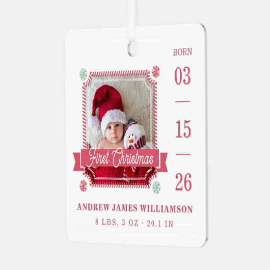 Eerste kerstfeest Baby Birth Stats Foto Candy Cane Metalen Ornament (Voorkant links)