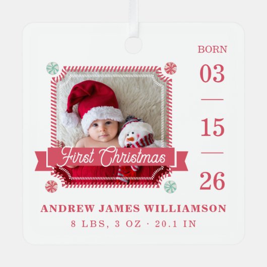 Eerste kerstfeest Baby Birth Stats Foto Candy Cane Metalen Ornament (Voorkant)