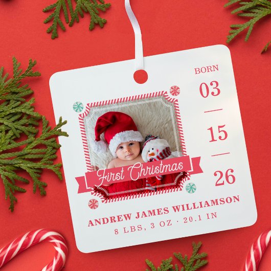 Eerste kerstfeest Baby Birth Stats Foto Candy Cane Metalen Ornament