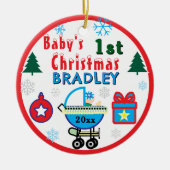 Eerste kerstfeest baby jongen blauwe hoed NAAM Keramisch Ornament (Voorkant)