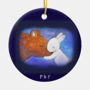 Eerste Kerstfeest Beer & Bunny Custom Name Keramisch Ornament