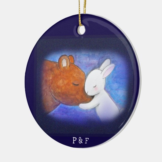 Eerste Kerstfeest Beer & Bunny Custom Name Keramisch Ornament (Links)