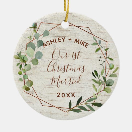 Eerste Kerstfeest Birch Eucalyptus Foto Keramisch Ornament (Voorkant)