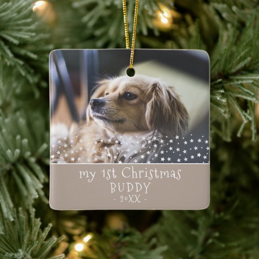 Eerste Kerstfeest Dog Pet Photo Stars Keepomwille Keramisch Ornament (Boom)