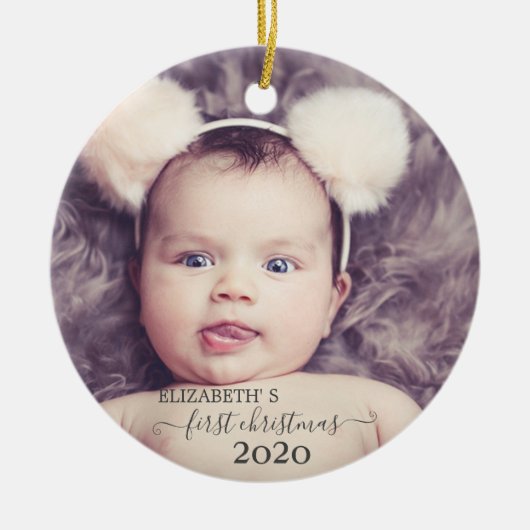 Eerste kerstfeest, Foto Vakantie Keramisch Ornament (Voorkant)