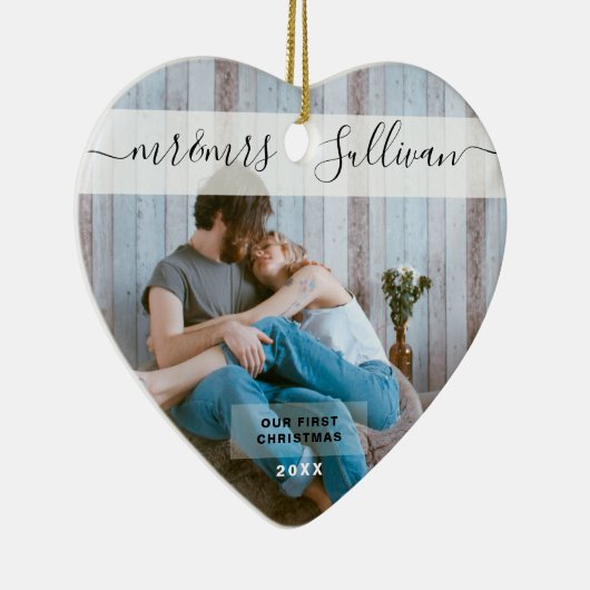 Eerste Kerstfeest Gehuwd als Mr. en mevrouw PHOTO Keramisch Ornament (Rechts)