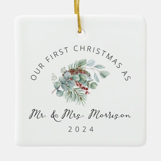 Eerste Kerstfeest Gehuwd als Mr. & Mrs Foto Keramisch Ornament (Voorkant)