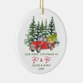 Eerste Kerstfeest Gehuwd als Mr. & Mrs Red Truck Keramisch Ornament (Rechts)