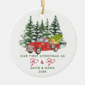 Eerste Kerstfeest Gehuwd als Mr. & Mrs Red Truck Keramisch Ornament (Voorkant)