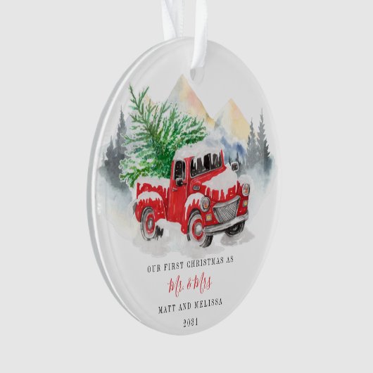 Eerste Kerstfeest Gehuwd als Mr. & Mrs Red Truck Ornament (voorkant)