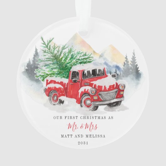 Eerste Kerstfeest Gehuwd als Mr. & Mrs Red Truck Ornament (achterkant)