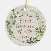 Eerste Kerstfeest Gehuwd met Birch Eucalyptus Foto Keramisch Ornament (Voorkant)