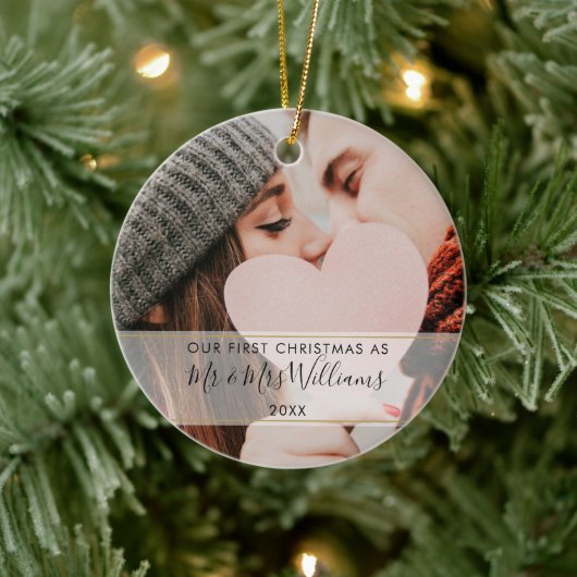Eerste Kerstfeest Gehuwd met Mr & Mrs. 2 Foto Keramisch Ornament (Boom)