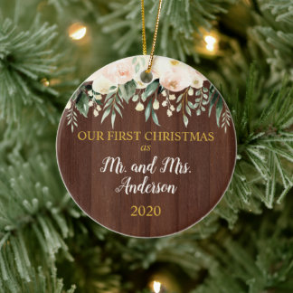 Eerste Kerstfeest Gehuwd met Rustic Blush Floral W Keramisch Ornament