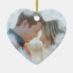 Eerste Kerstfeest Gehuwde foto Blauwe Snowflakes Keramisch Ornament