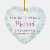 Eerste Kerstfeest Gehuwde foto Blauwe Snowflakes Keramisch Ornament (Achterkant)