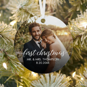Eerste kerstfeest getrouwd aangepaste trouwfoto  metalen ornament