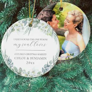 Eerste kerstfeest getrouwd foto christelijk keramisch ornament