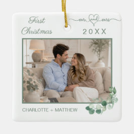 Eerste kerstfeest getrouwd foto met groen van mene keramisch ornament