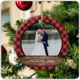 Eerste kerstfeest getrouwd Rustic Mijnheer Mevrouw Keramisch Ornament