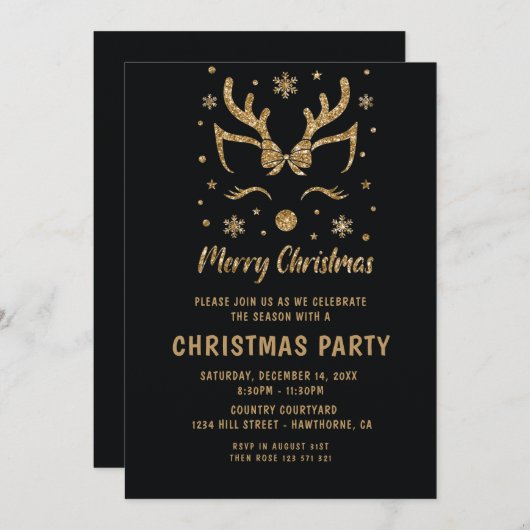 Eerste kerstfeest Glitter Gold-uitnodiging Kaart (Voorkant / Achterkant)