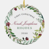 Eerste kerstfeest groene feestdag grote Baby Foto Keramisch Ornament (Achterkant)