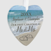Eerste kerstfeest Hart Beach Wedding Mr Mrs. Ornament (voorkant)
