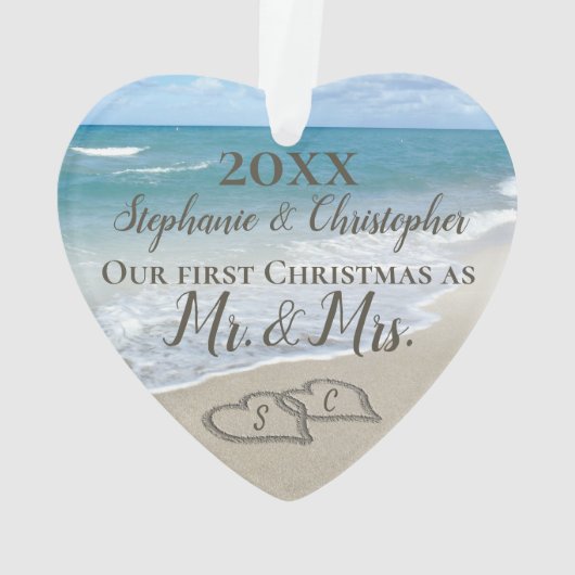 Eerste kerstfeest Hart Beach Wedding Mr Mrs. Ornament (achterkant)