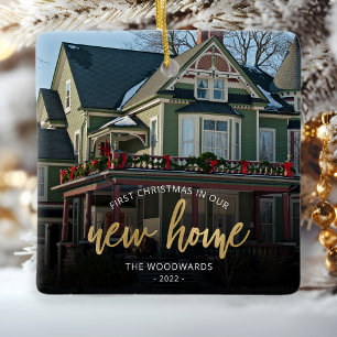 Eerste kerstfeest in nieuwe woning Gouden script v Keramisch Ornament