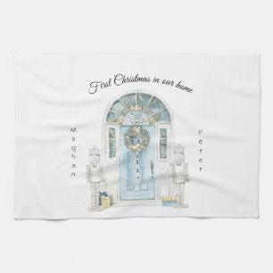 Eerste kerstfeest in ons huis Aquarel Blauwe Deur Theedoek