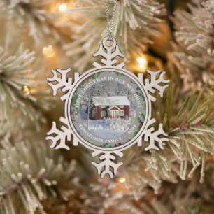Eerste kerstfeest in ons nieuwe huis foto tin sneeuwvlok ornament