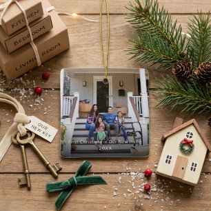 Eerste kerstfeest in ons nieuwe huis gezinsfoto keramisch ornament