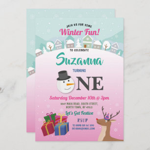 Eerste Kerstfeest Kerstman Sneeuwman Meisjes Kaart