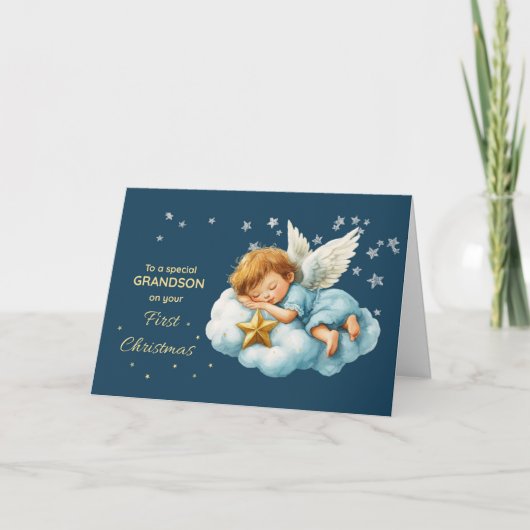 Eerste kerstfeest kleinkind slapende engel op wolk kaart (Voorkant)