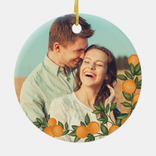 Eerste kerstfeest met bruiloft Citrus Greenery Keramisch Ornament (Achterkant)