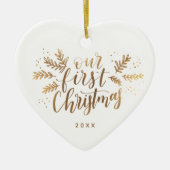Eerste kerstfeest met foto's terug Gold Keramisch Ornament (Voorkant)