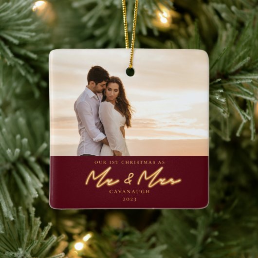 Eerste kerstfeest met Neon Lettering Fotokeramisch Keramisch Ornament (Boom)