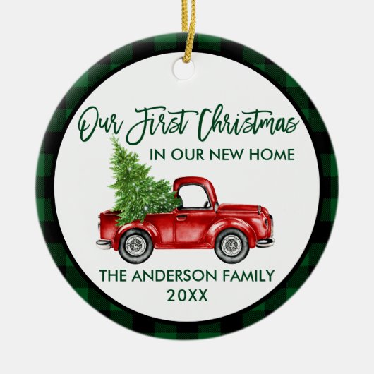 Eerste kerstfeest Nieuwe startpagina Groene vracht Keramisch Ornament (Voorkant)