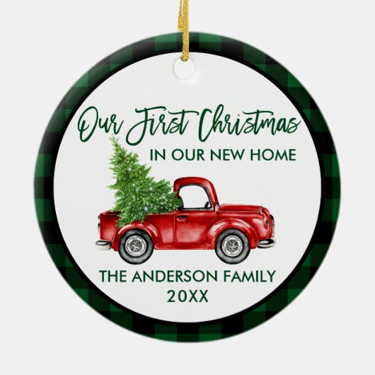 Eerste kerstfeest Nieuwe startpagina Groene vracht Keramisch Ornament (Achterkant)