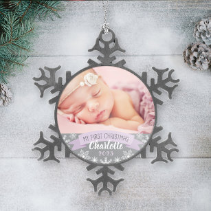 Eerste Kerstfeest Paarse baby-meisje Foto Tin Sneeuwvlok Ornament