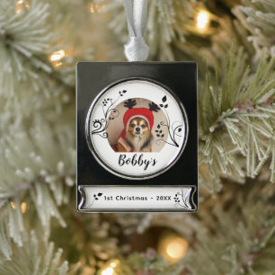 Eerste Kerstfeest Puppy Zwart Loof Hondennaam Foto Verzilverd Banner Ornament
