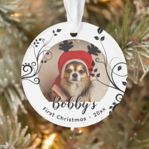 Eerste Kerstfeest Puppy Zwarte Bladeren Hond Naam Ornament