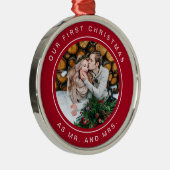 Eerste kerstfeest | Rood en wit met foto Metalen Ornament (Rechts)